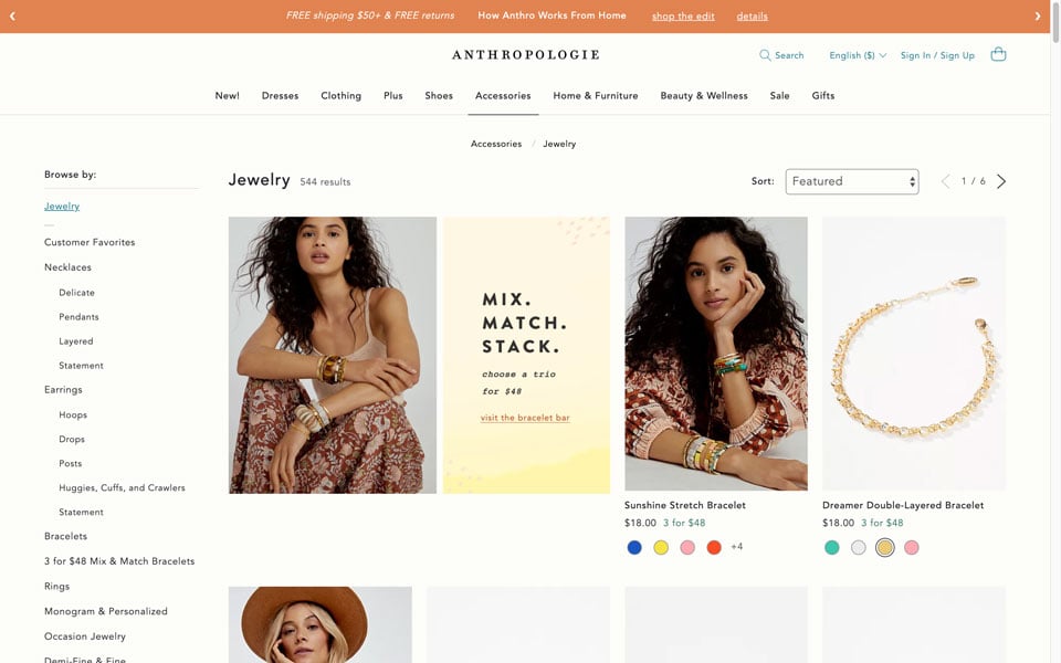 anthropologie online jewellery store
