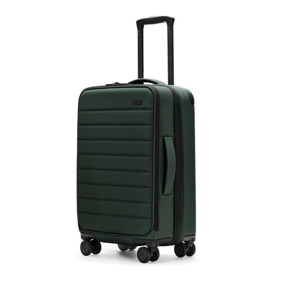 Dark green hard-shell carry-on suitcase, ideal for travel.
