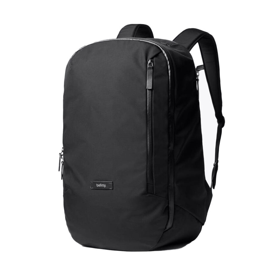 Minimalist black backpack with adjustable straps.