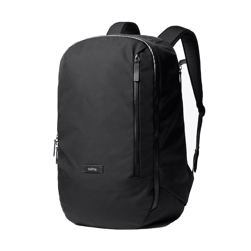 Minimalist black backpack with adjustable straps.