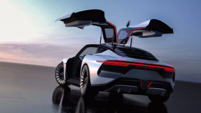 DeLorean sports car with gull-wing doors.