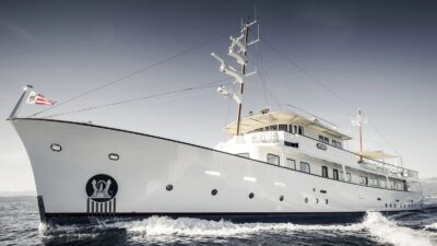 A billionaire's superyacht with the US flag.