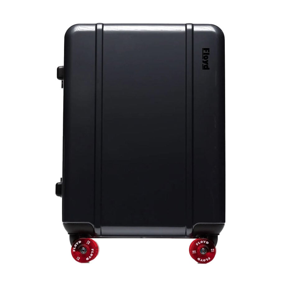 Black suitcase with red wheels from popular brands.
