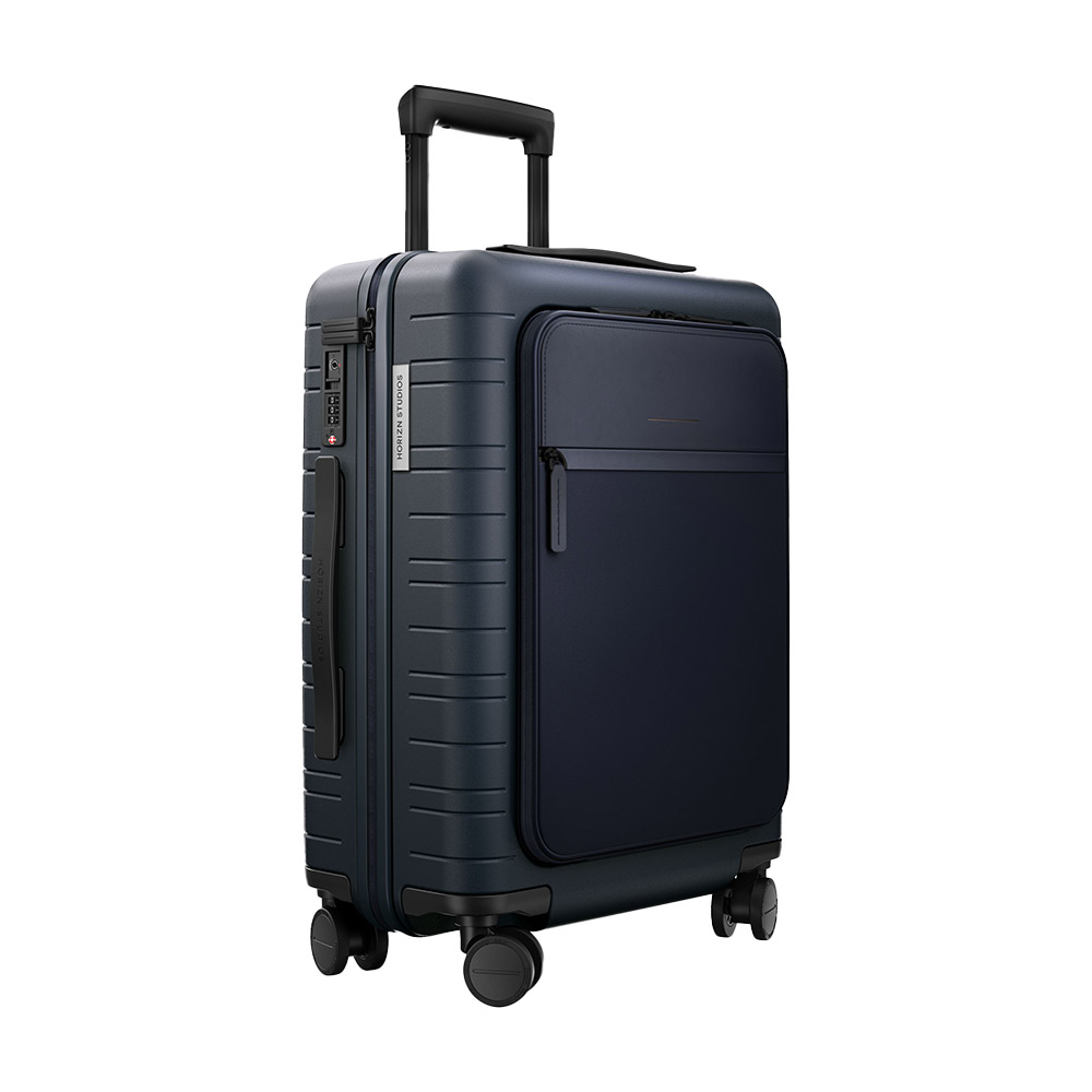 Dark blue carry-on suitcase with swivel wheels.
