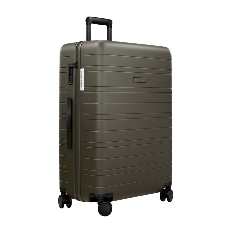 Olive hard-shell suitcase with wheels, TSA lock.