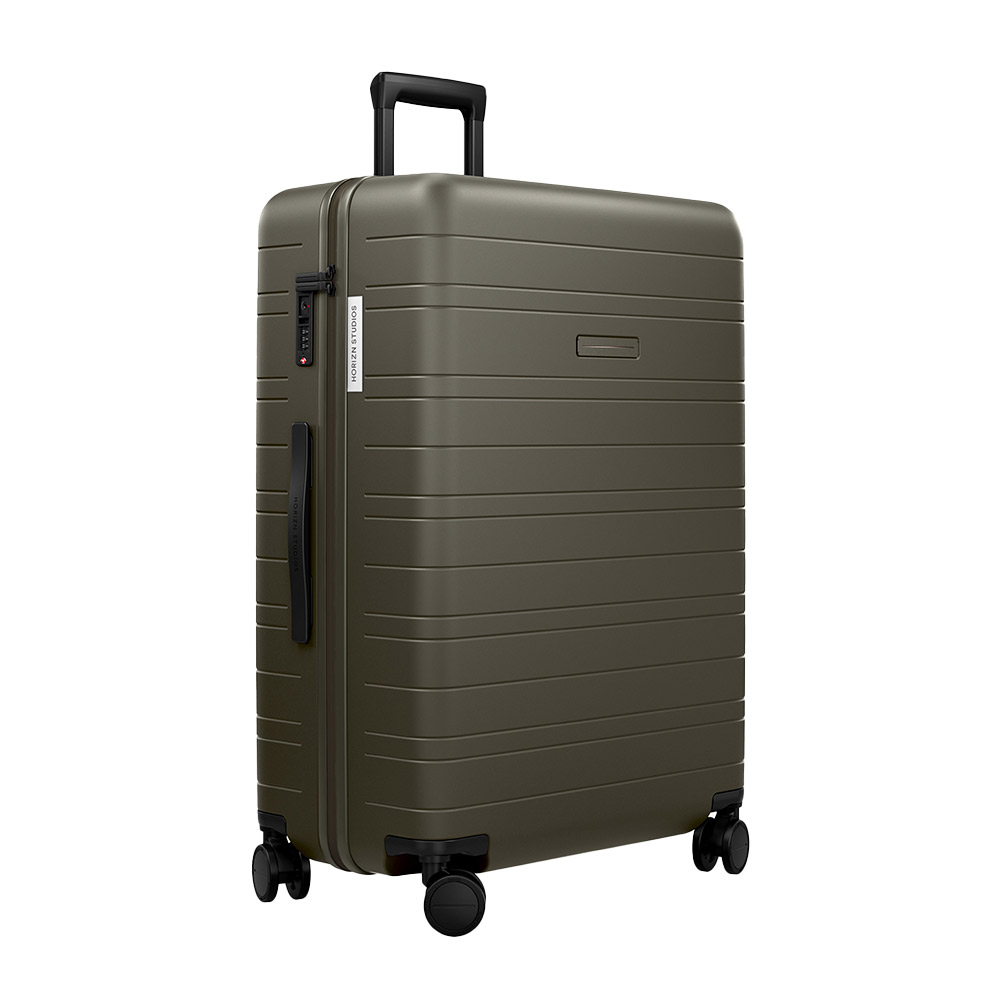 Olive hard-shell suitcase with wheels, TSA lock.