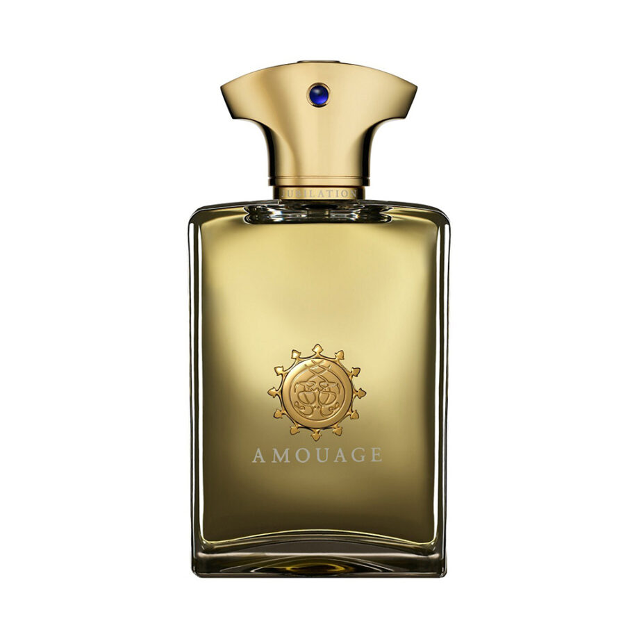 Amouage perfume: glass bottle with amber liquid.