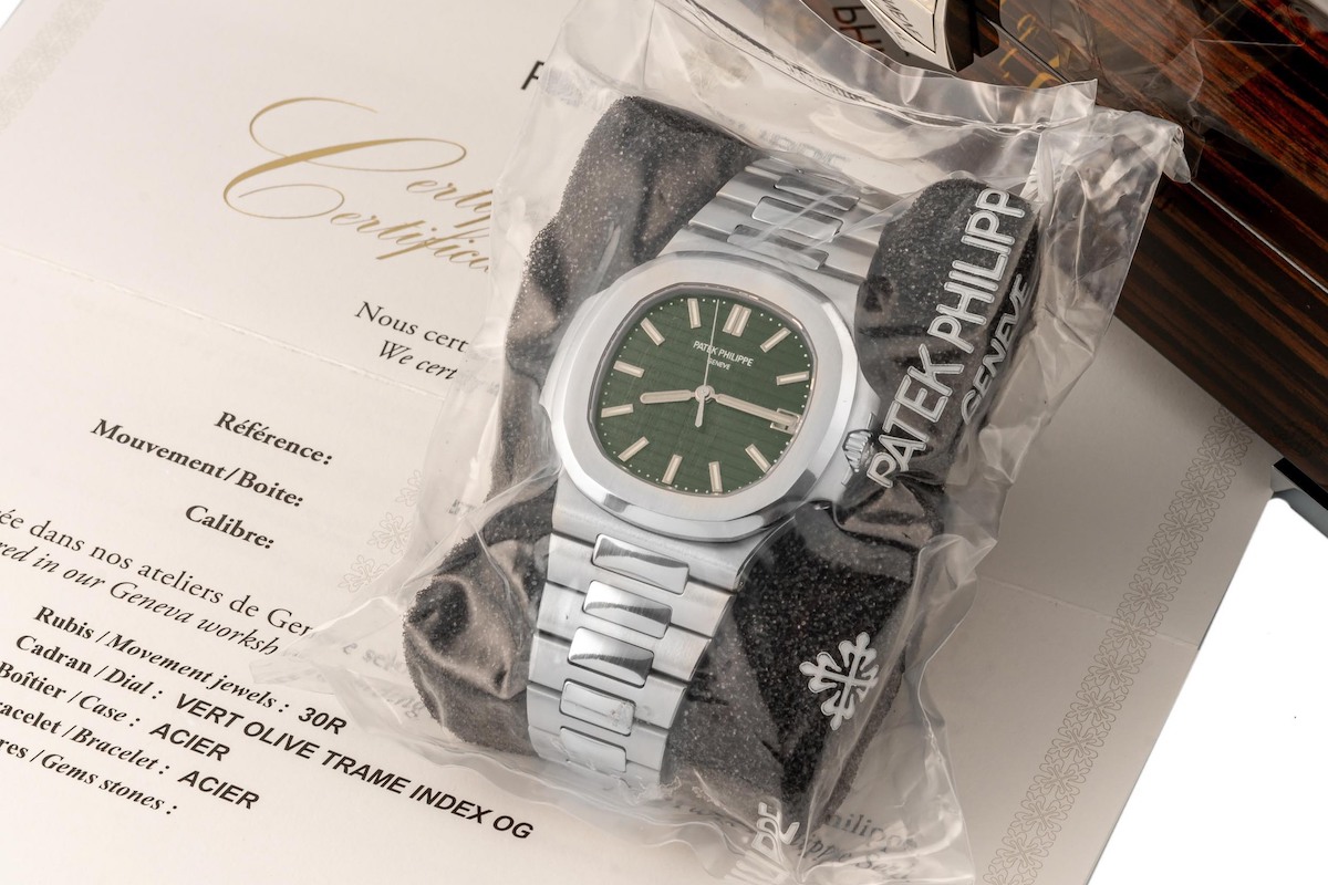 Patek Philippe Nautilus watch in plastic bag.