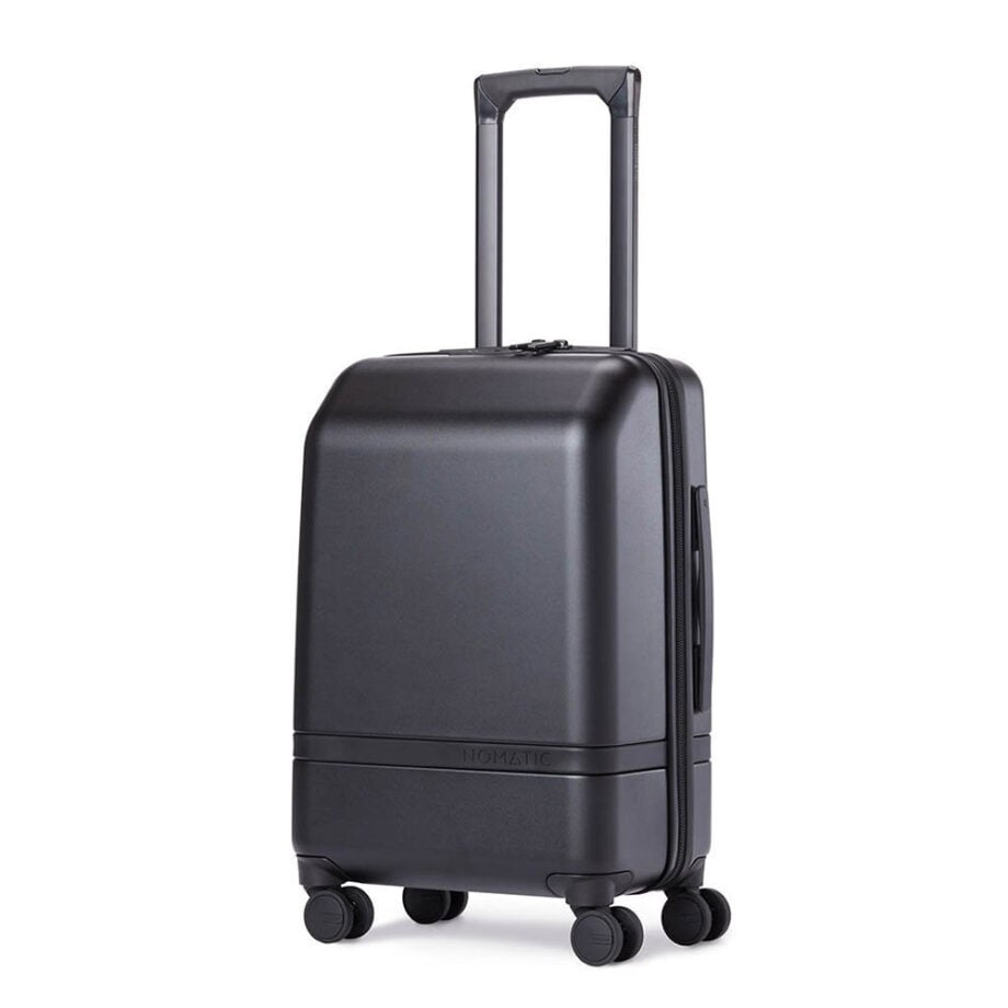 Sleek black suitcase with minimalist, modern design.