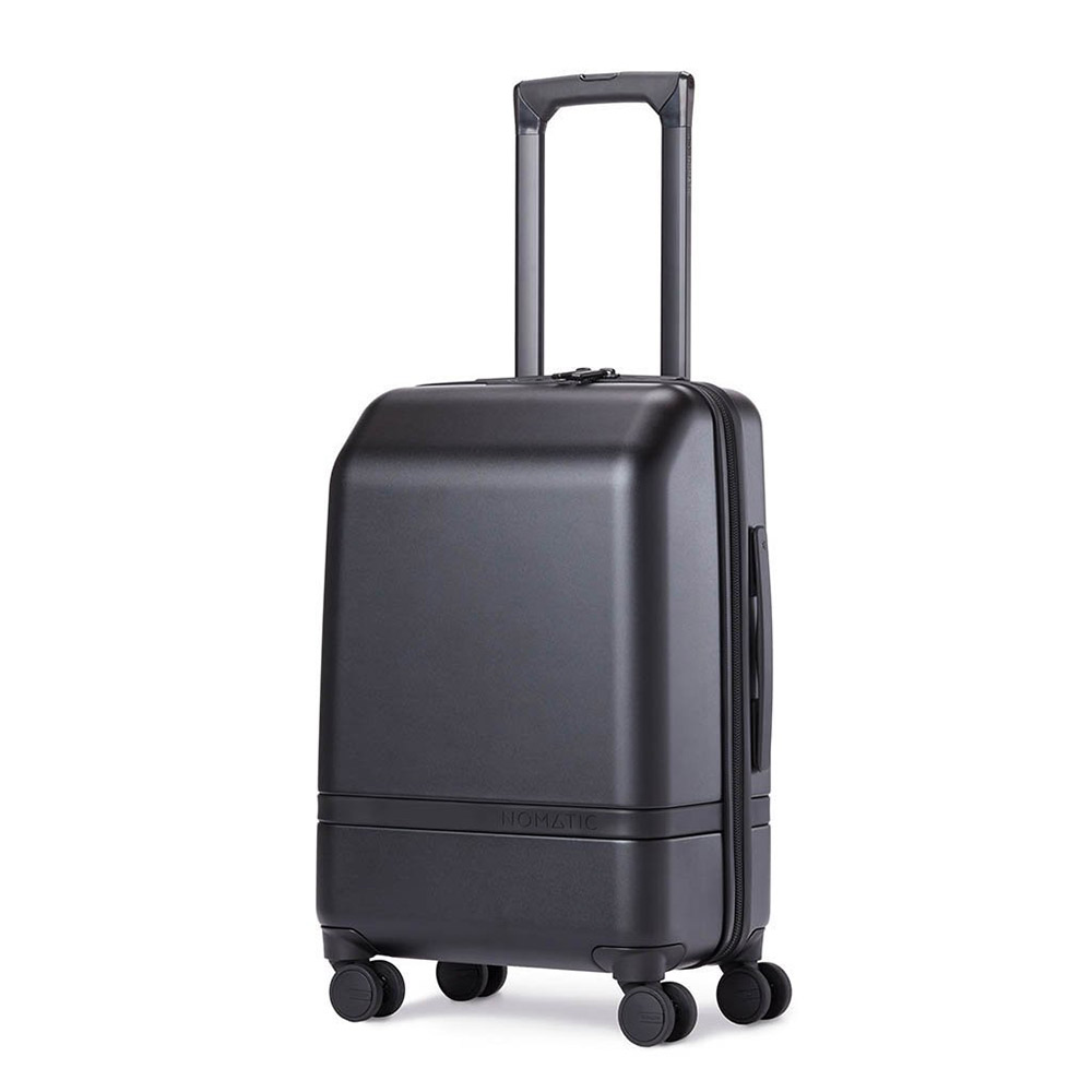 Sleek black suitcase with minimalist, modern design.