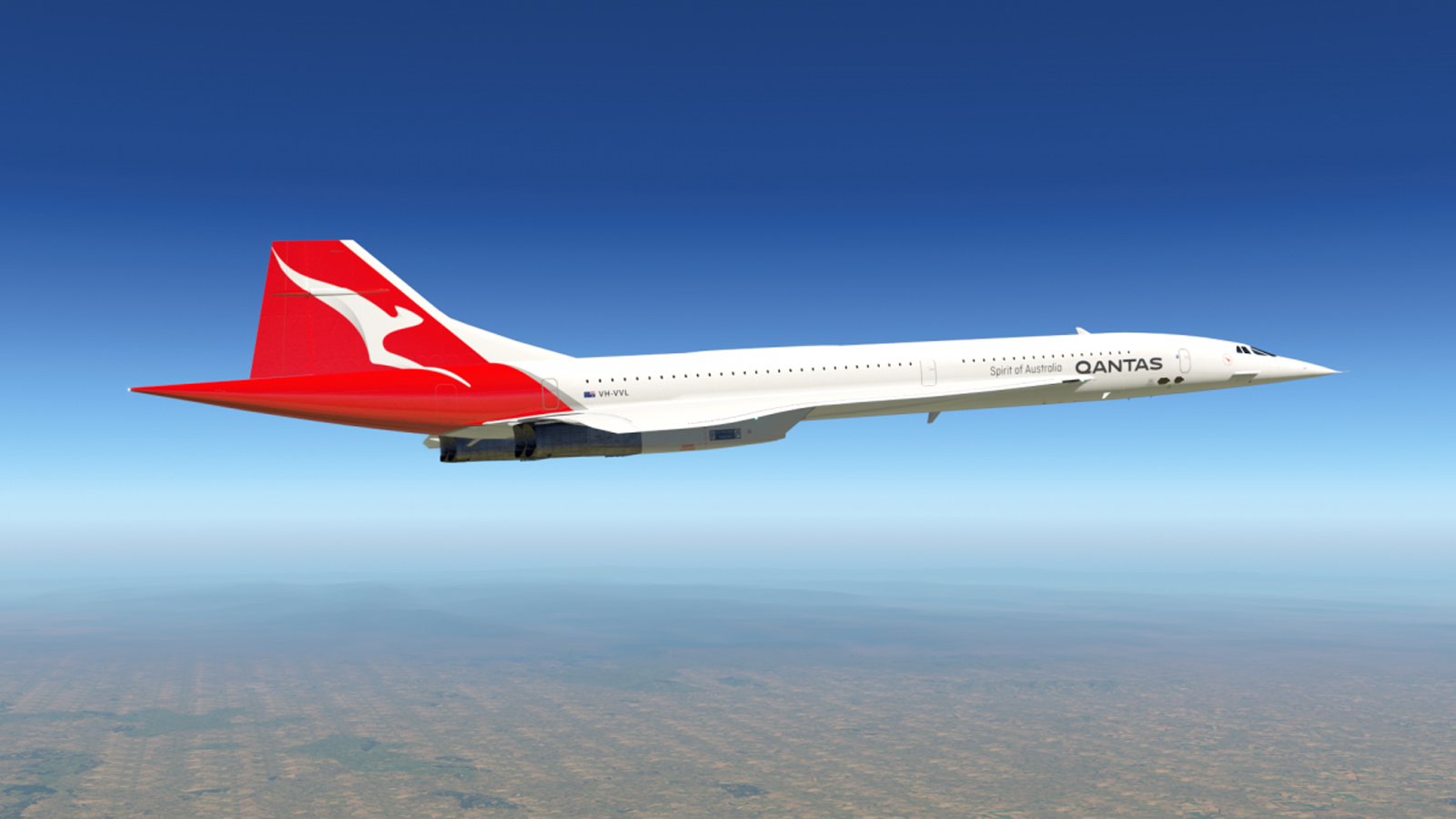 A Qantas Concorde flies with iconic kangaroo logo.