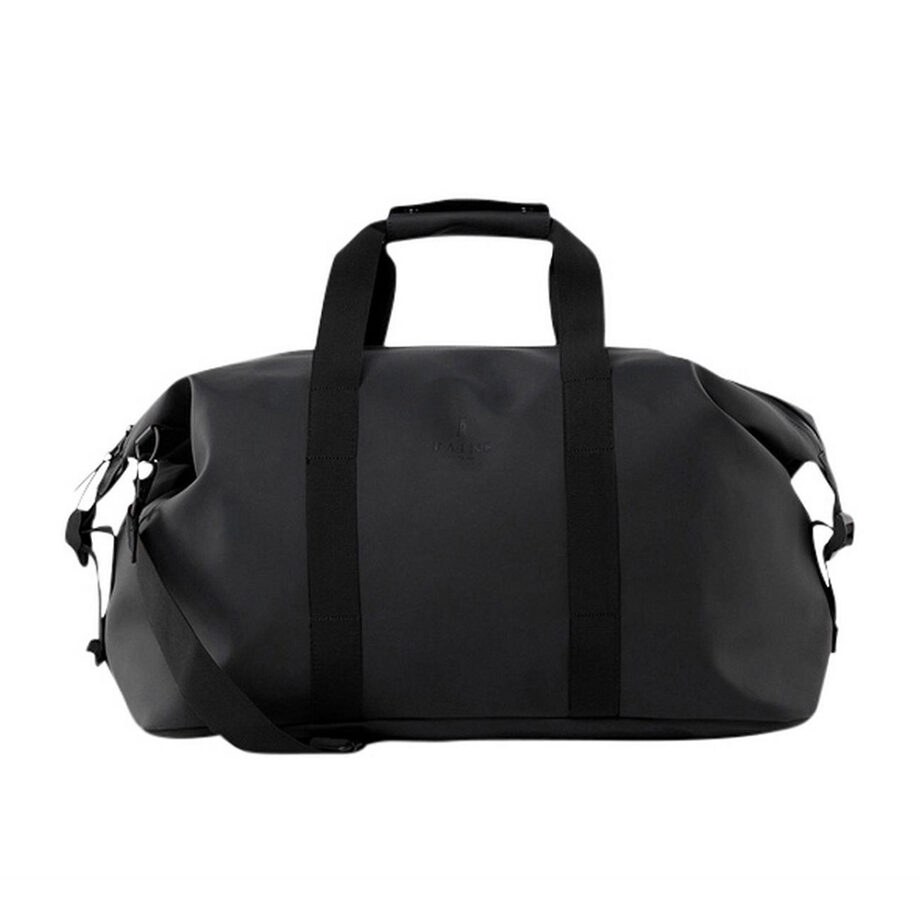 Black duffel bag, sturdy handles, ideal carry-on.