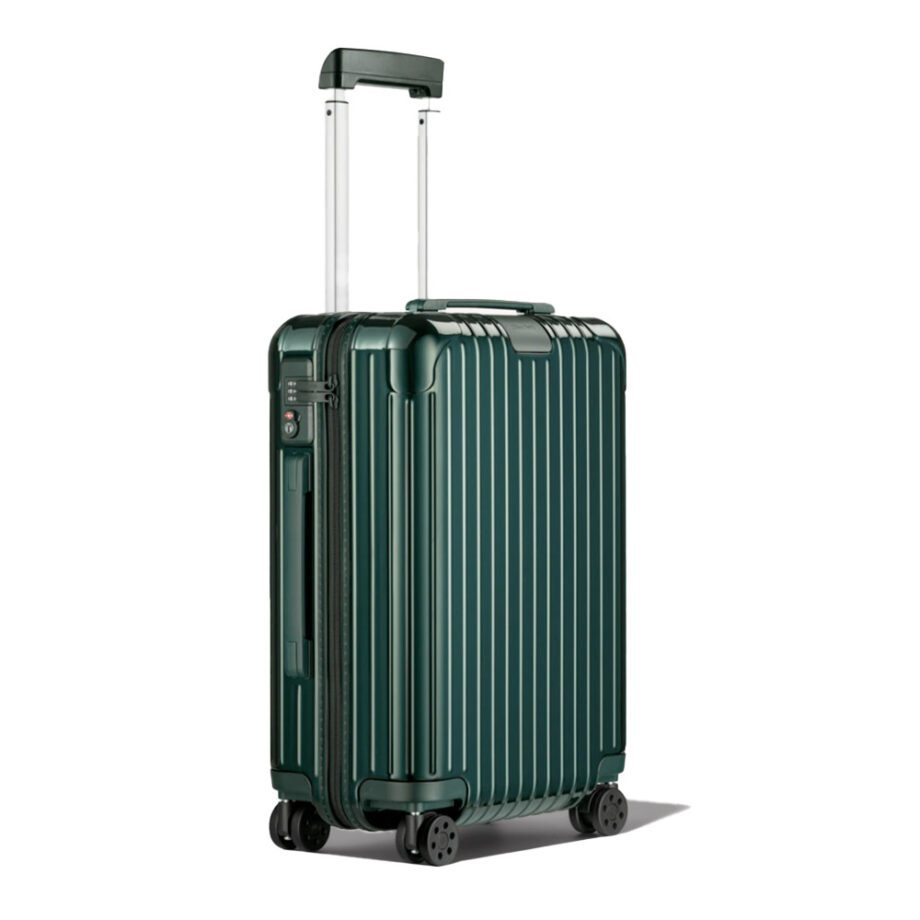 Dark green suitcase with wheels and lock.