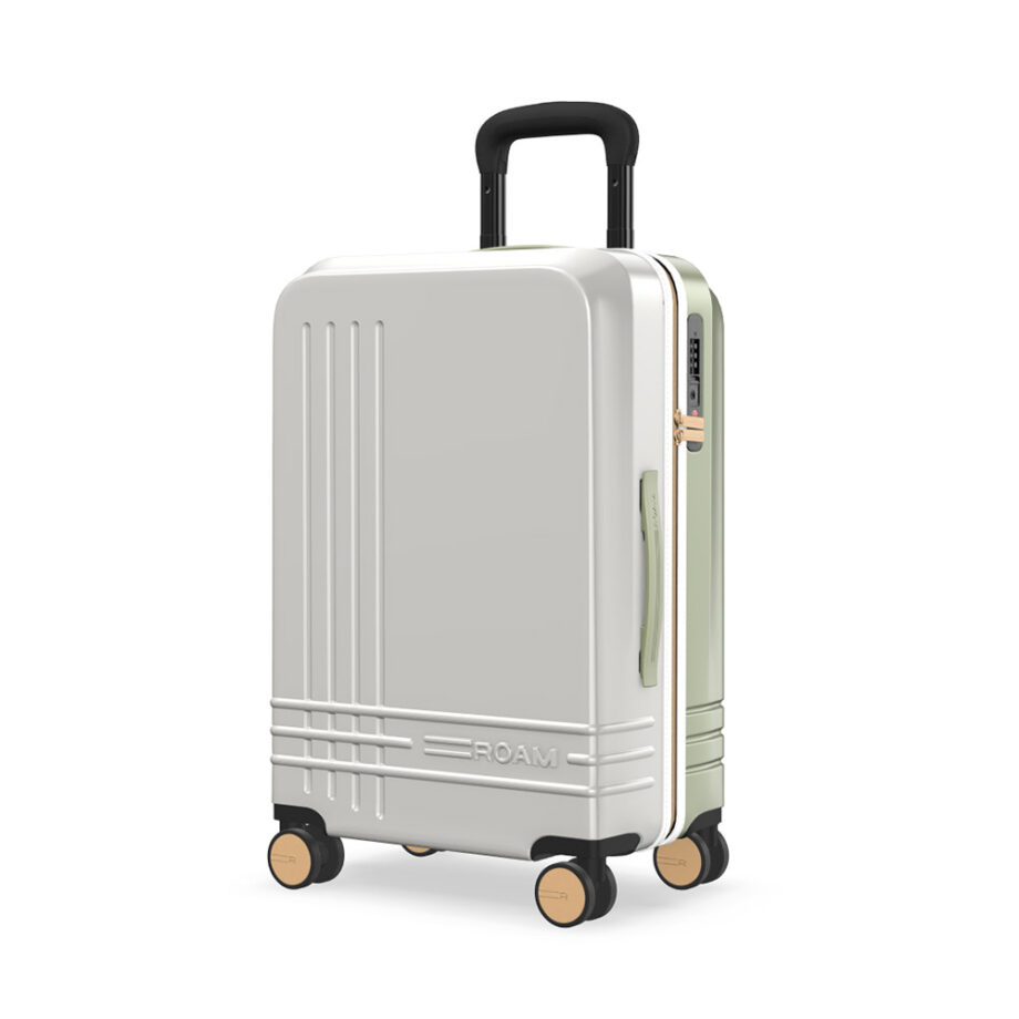 Mint green ROAM carry-on suitcase with TSA lock.