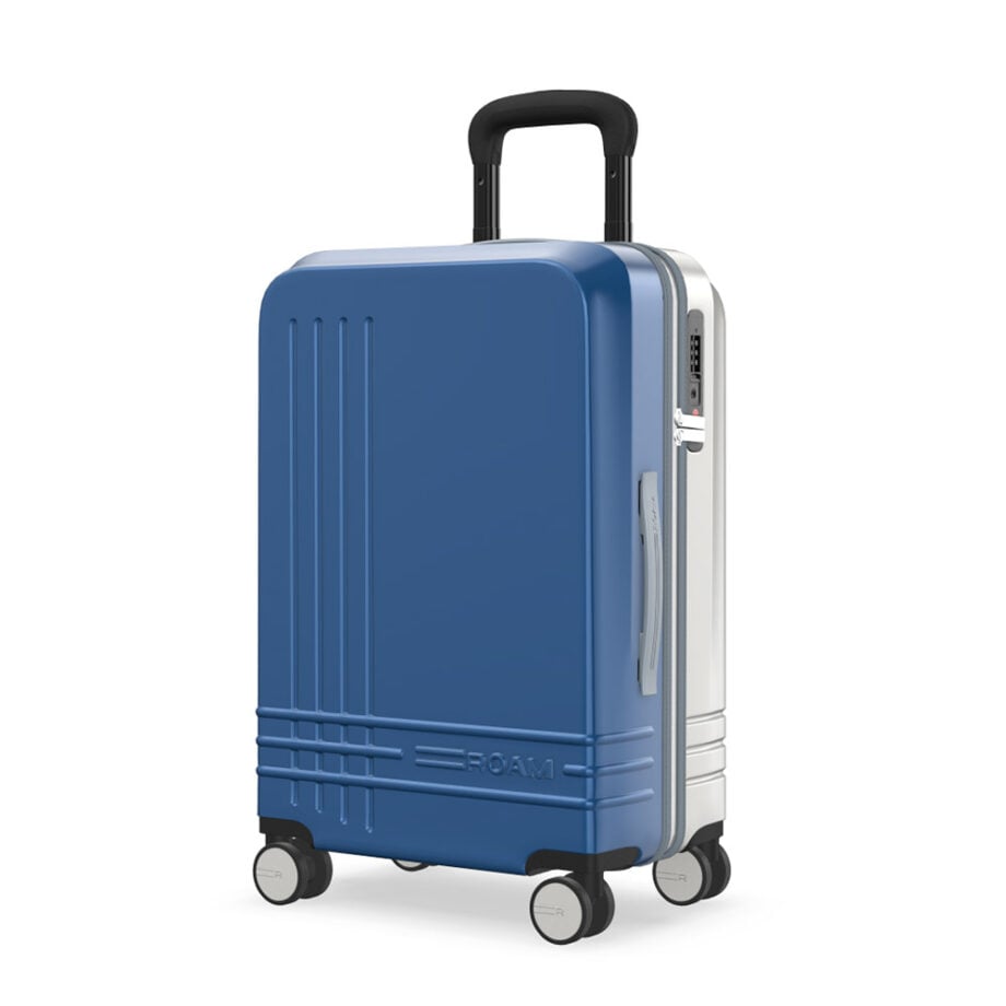 FOAM blue suitcase: stylish, secure travel luggage.