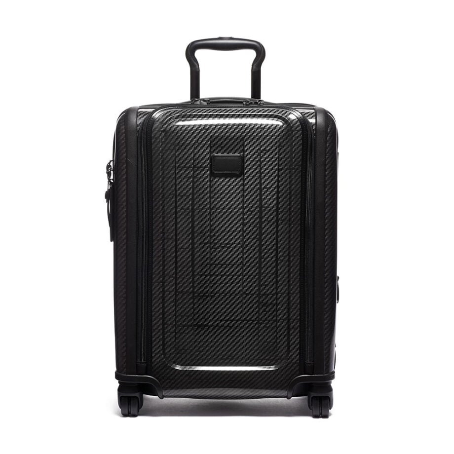 A sleek, modern suitcase with four wheels.