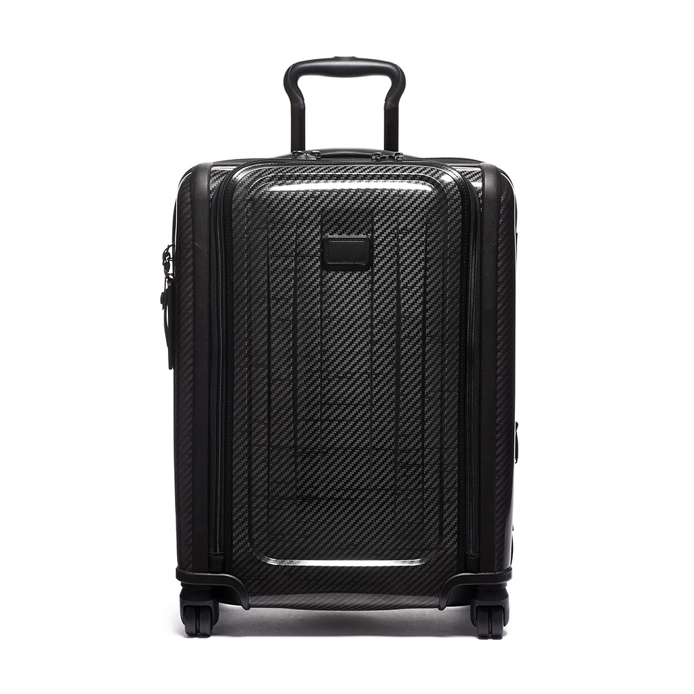 A sleek, modern suitcase with four wheels.