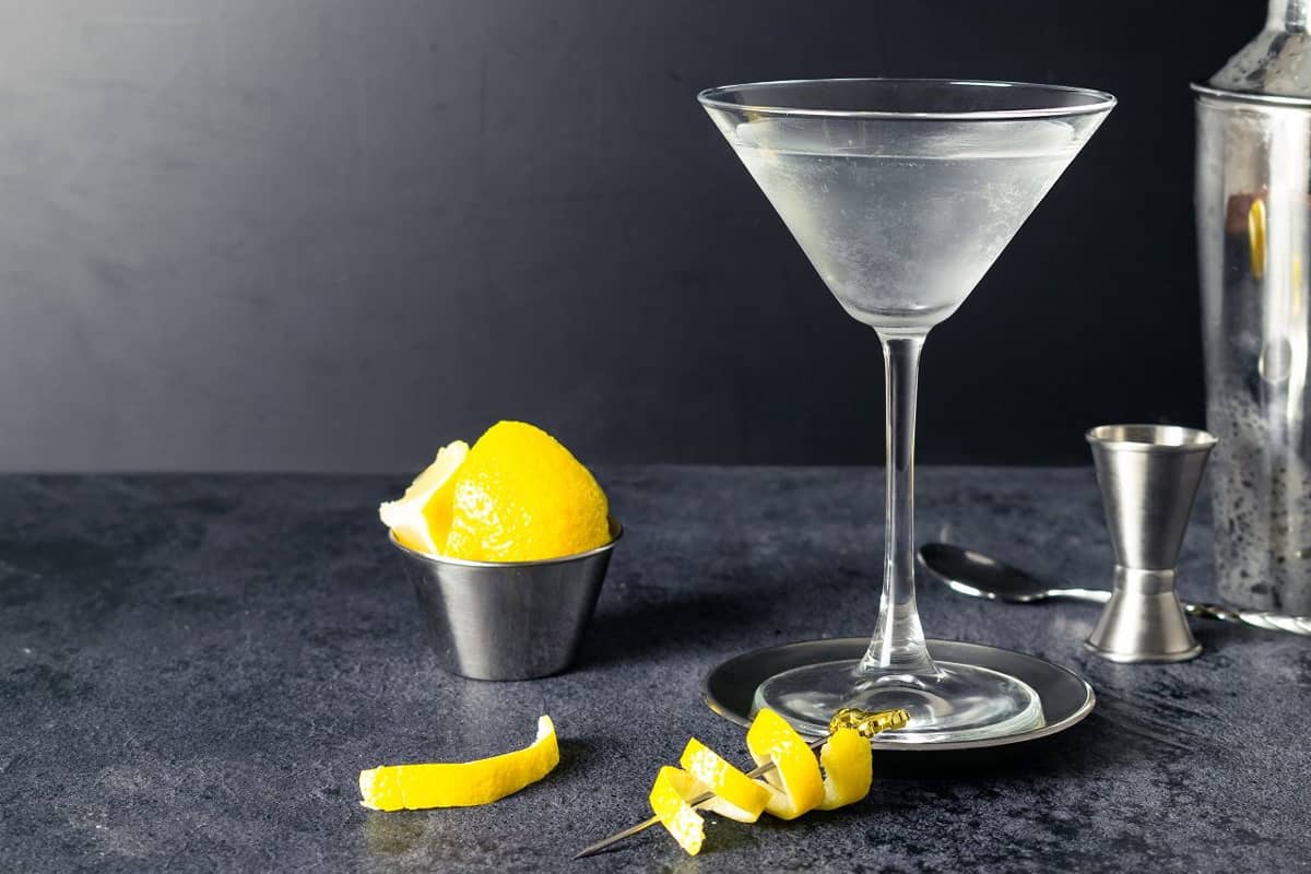 Vesper Martini beside lemon, Bond.