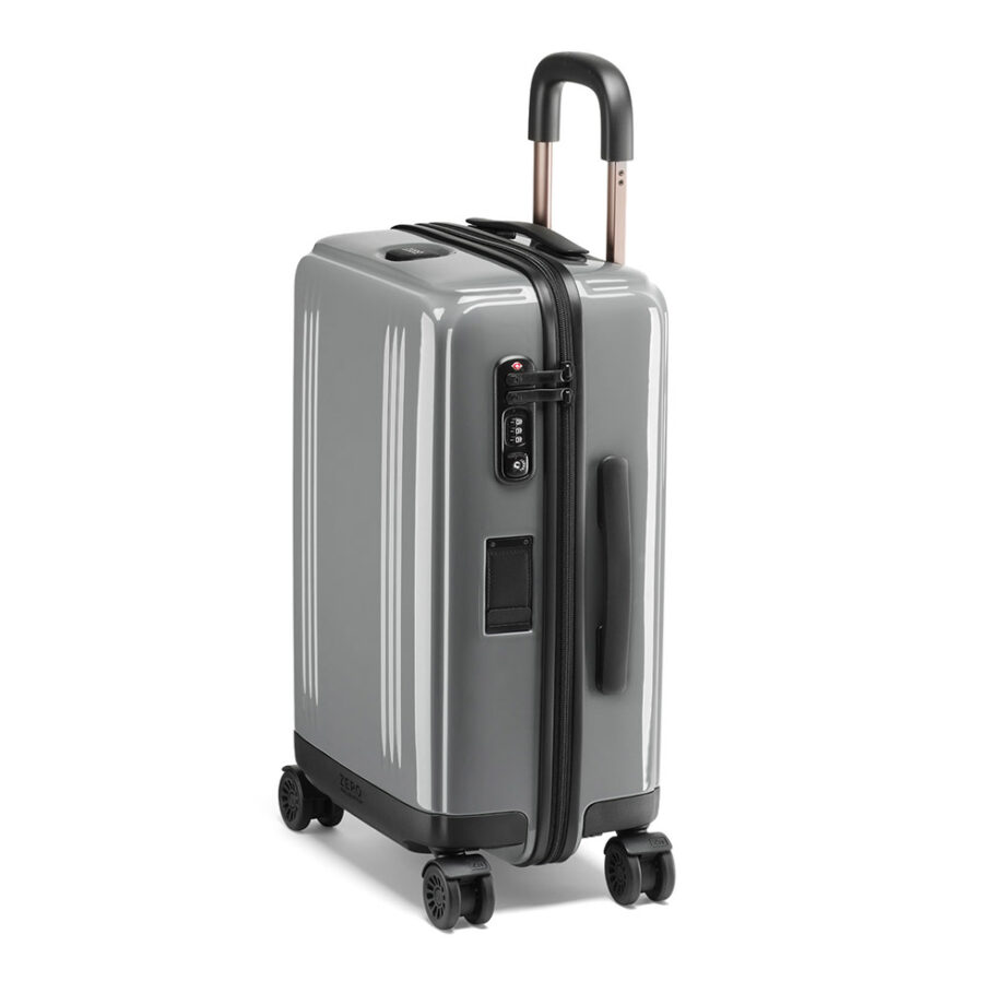 Stylish gray suitcase with lock, ideal carry-on.