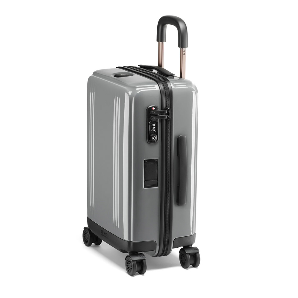 Stylish gray suitcase with lock, ideal carry-on.