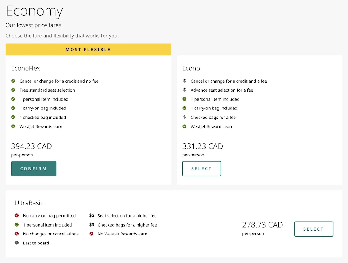 a screenshot showing what is offered on the new fare 